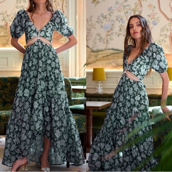 V. Chapman Emma Cut Out Rhinestone Puff Sleeve Dress Emerald Peony Print 14 NWT - Picture 3 of 14